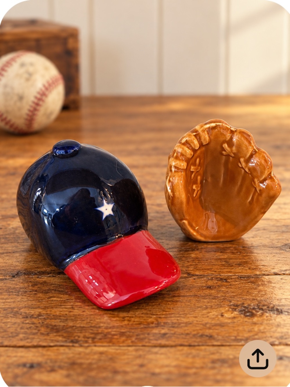 Cracker Barrel Mini Navy and Red Ceramic Baseball Cap with Brown Glove